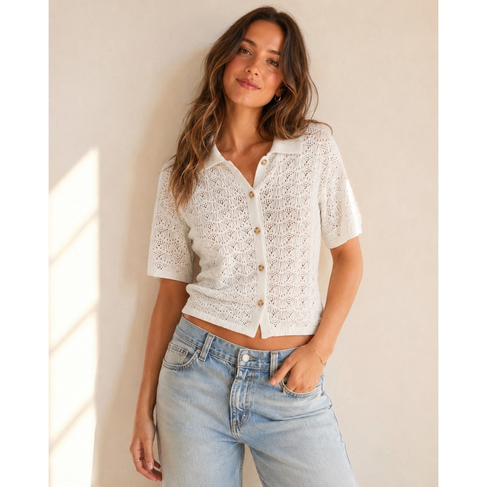 Loft Beach White Pointelle Knit Short Sleeve Button Front Cardigan Sweater Small